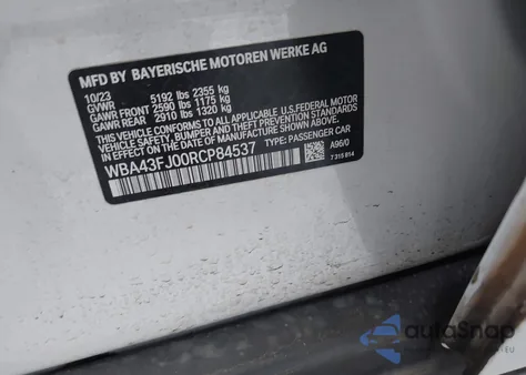 2024 BMW 530I из США, поврежденный, VIN WBA43FJ00RCP84537